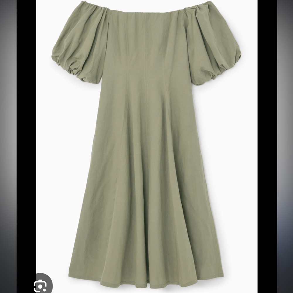 COS green off the shoulder puff sleeve dress